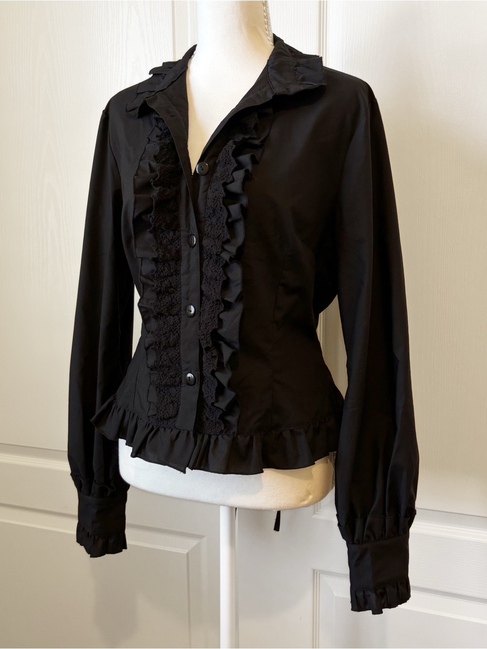 Fanplusfriend Victorian Lolita Black Ruffled High-Collar Button Down Top Large - Picture 4 of 9